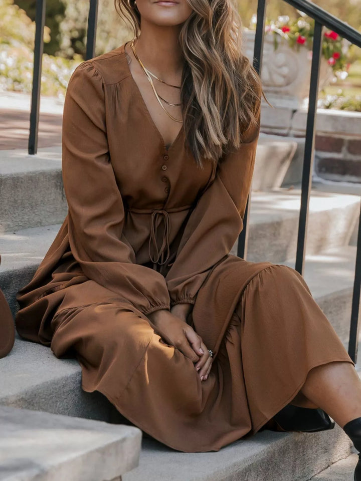 V-Neck Balloon Sleeve Tiered Dress