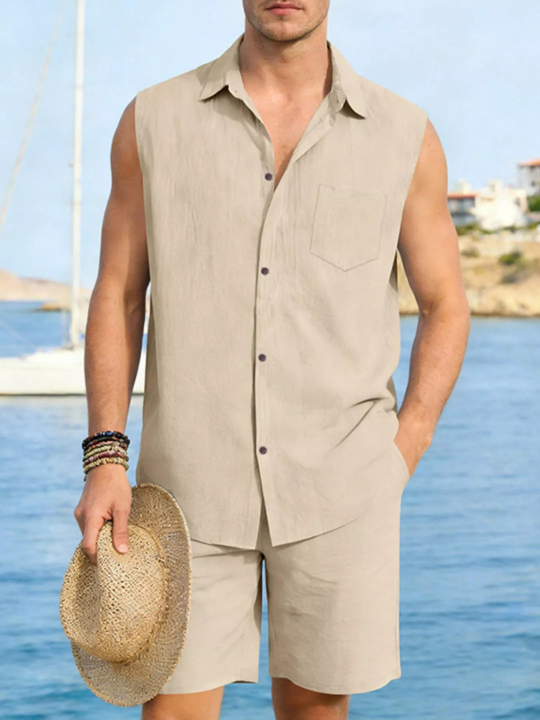 Men's Full Size Button Up Sleeveless Top and Shorts Plus Size