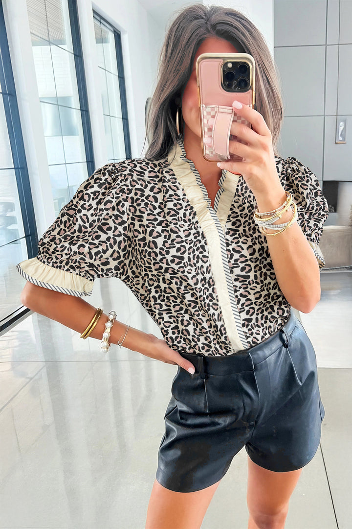 Black Leopard Print Striped Ruffled Color Block Trim V Neck Short Sleeve Blouse