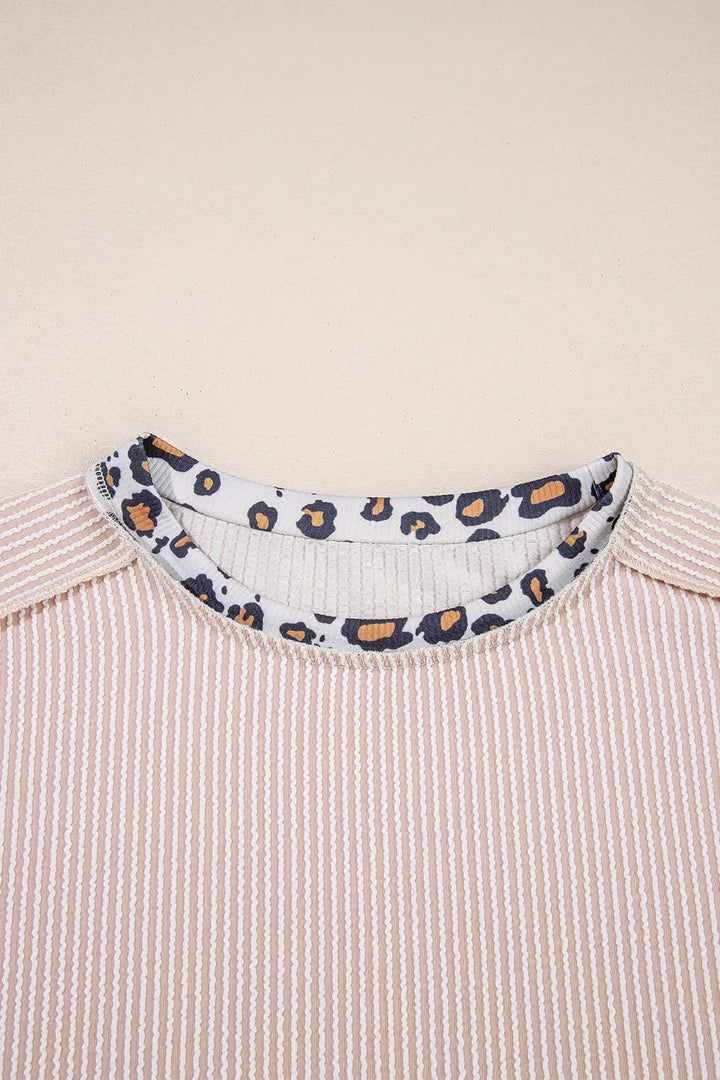 Leopard Trim Round Neck Ribbed T-Shirt