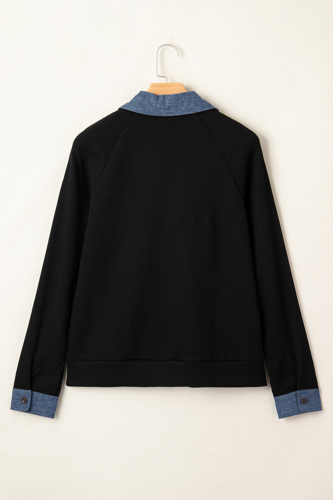 Black Textured Knit Denim Patchwork Button Collar Long Sleeve Top