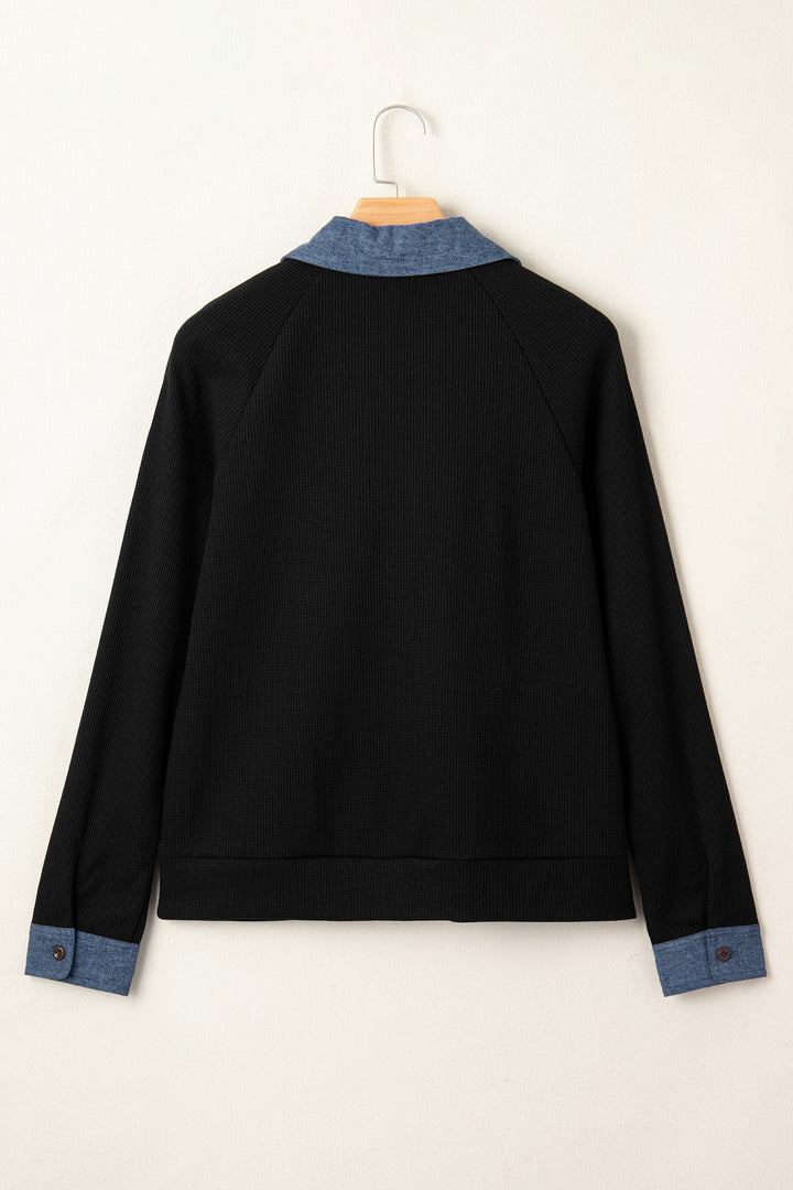 Black Textured Knit Denim Patchwork Button Collar Long Sleeve Top