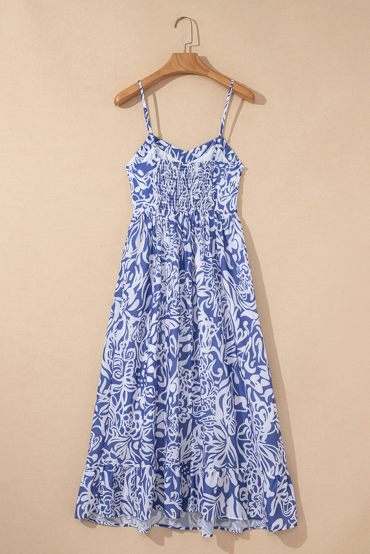 Sky Blue Floral Print Spaghetti Strap High Waist Maxi Dress