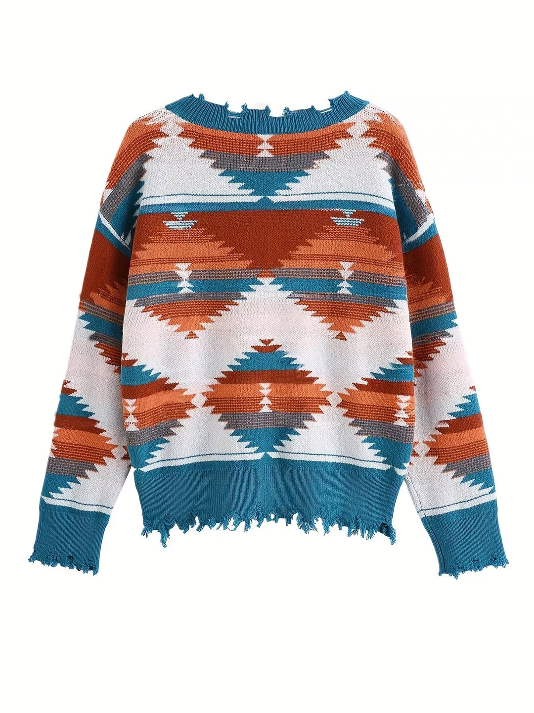 Geometric Frayed Hem V-Neck Long Sleeve Sweater