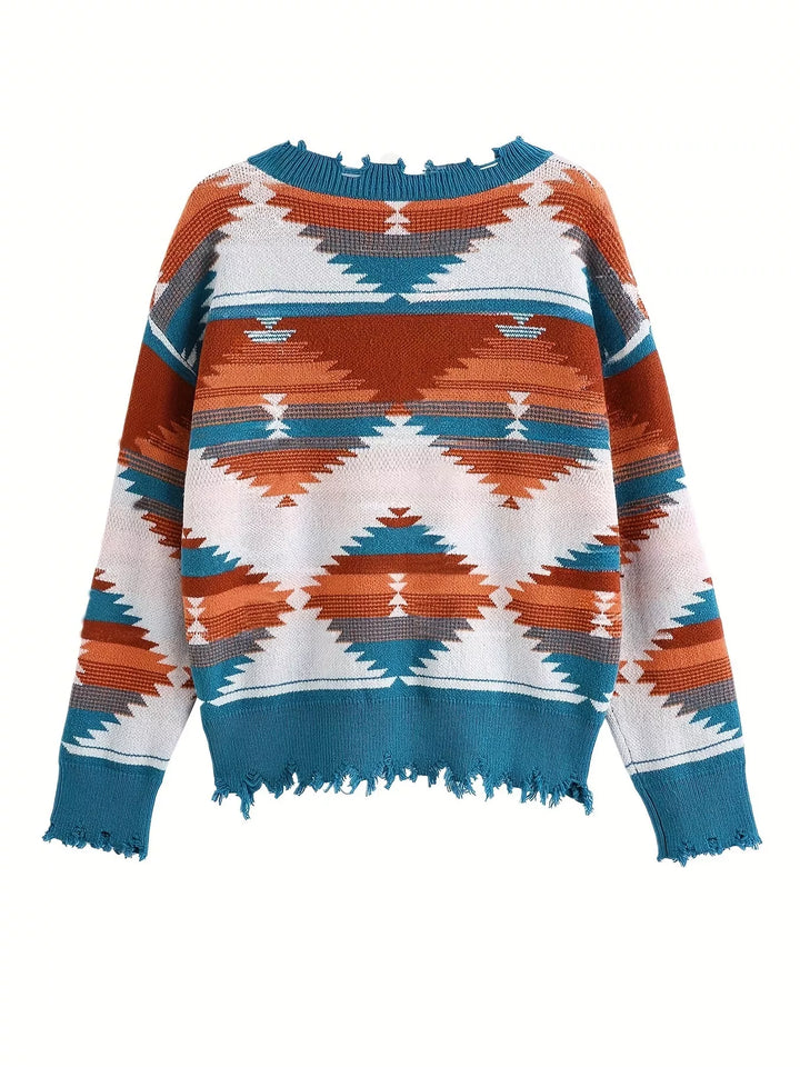Geometric Frayed Hem V-Neck Long Sleeve Sweater