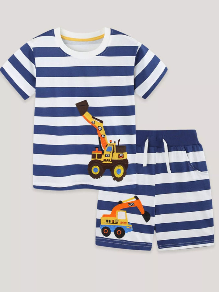 Children's Striped Excavator Print Tee and Shorts Set