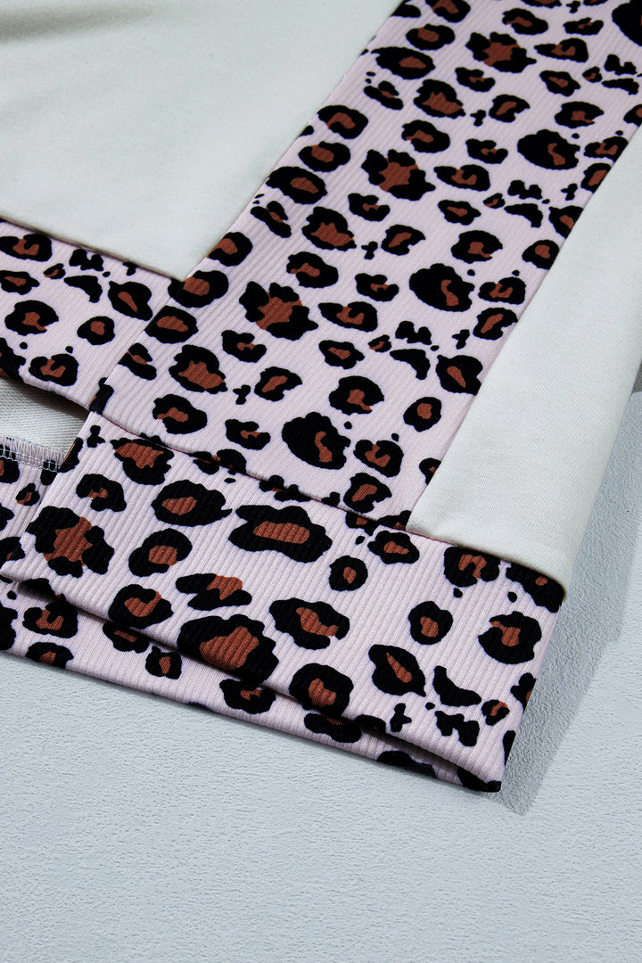 White Ribbed Leopard Patchwork Uneven Hem T Shirt