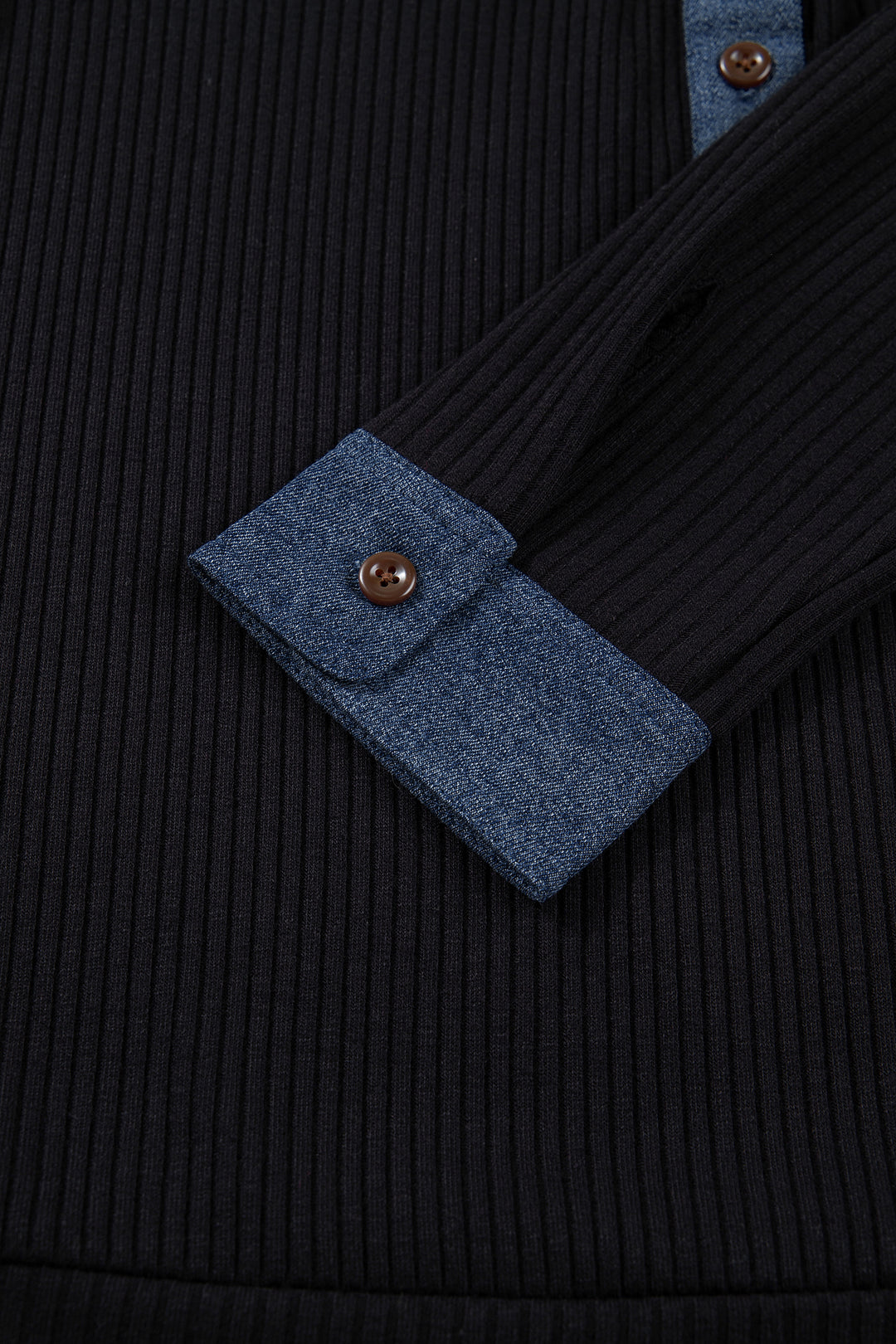 Black Ribbed Knit Contrast Denim Patchwork Hooded Long Sleeve Top