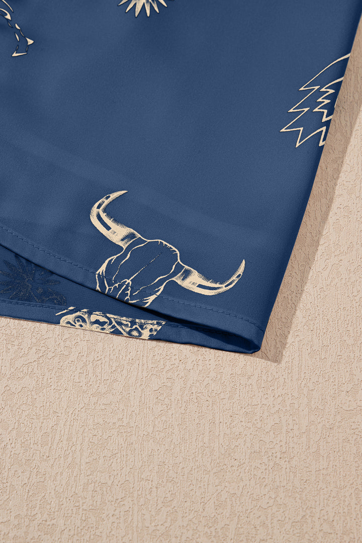 Navy Blue Western Print Satin Long Skirt