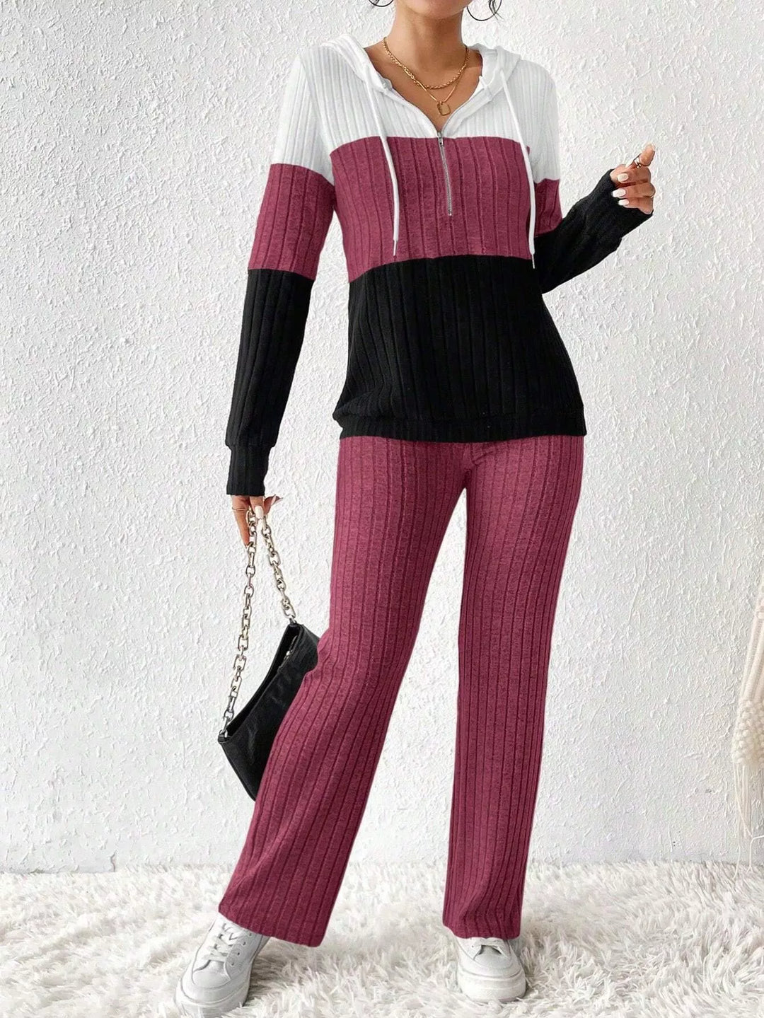 Color Block Half Zip Hooded Top and Pants Set
