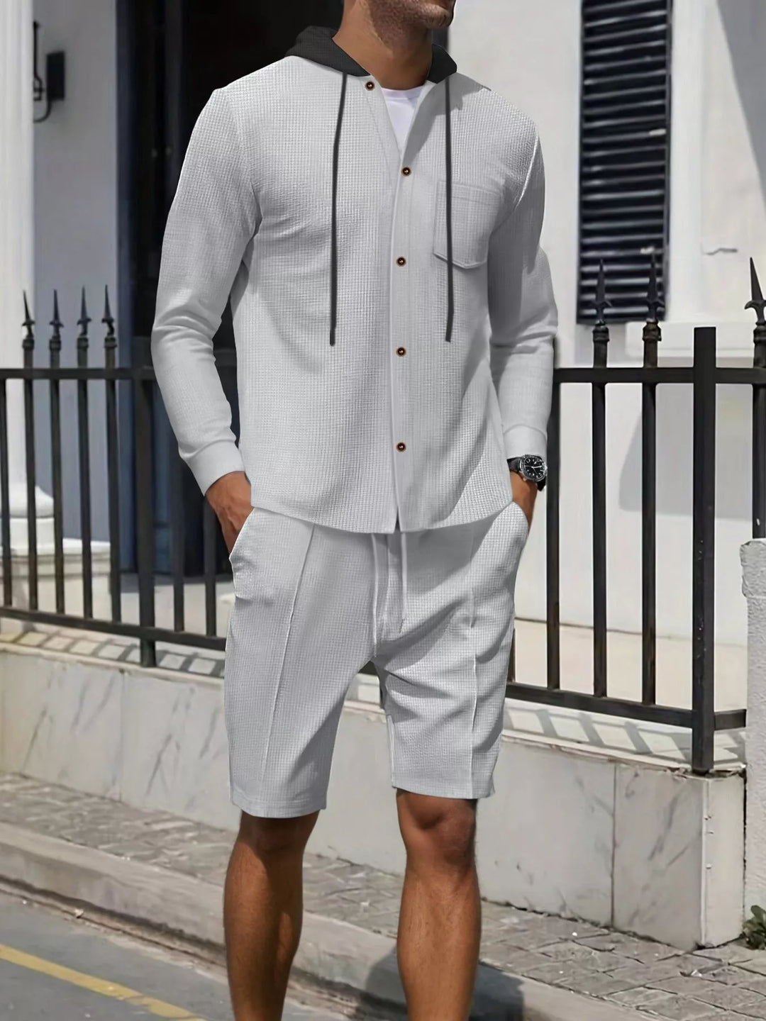 Men's Full Size Casual Hooded Button-Up Top and Shorts Set Plus Size