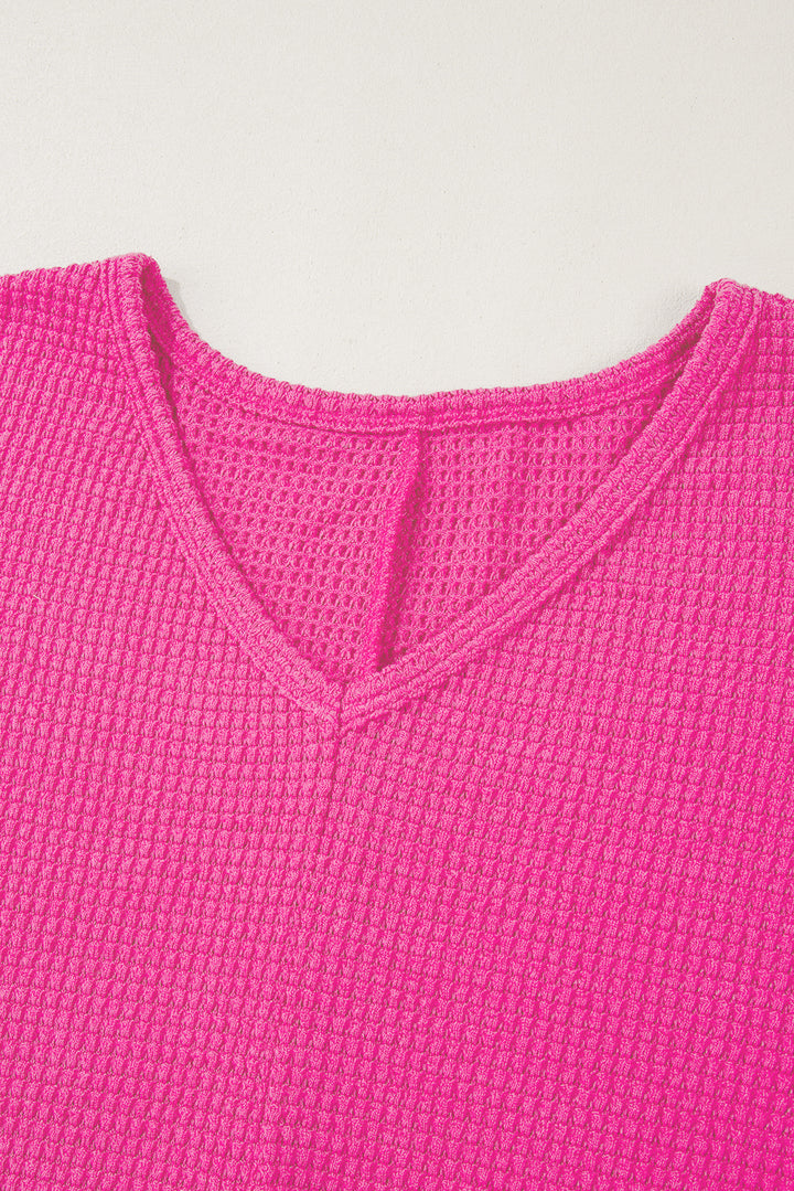 Rose Red Waffle Knit Side Slits Loose Fit V Neck Top