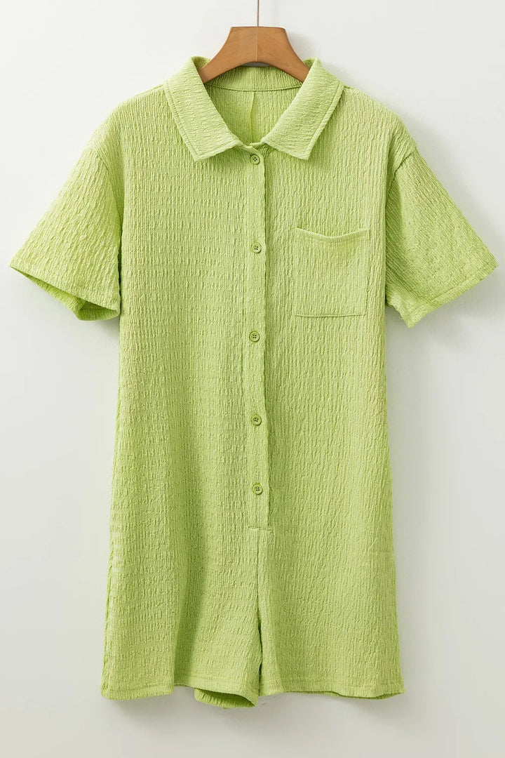 Textured Short Sleeve Patched Pocket Buttoned Romper