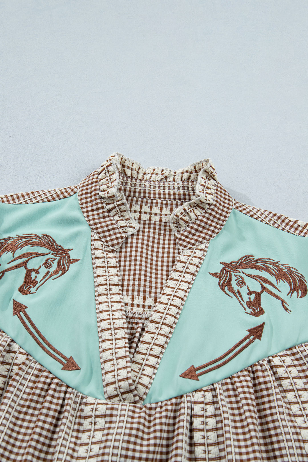 Brown Western Pony Embroidered Yoke Puff Sleeve Gingham Blouse