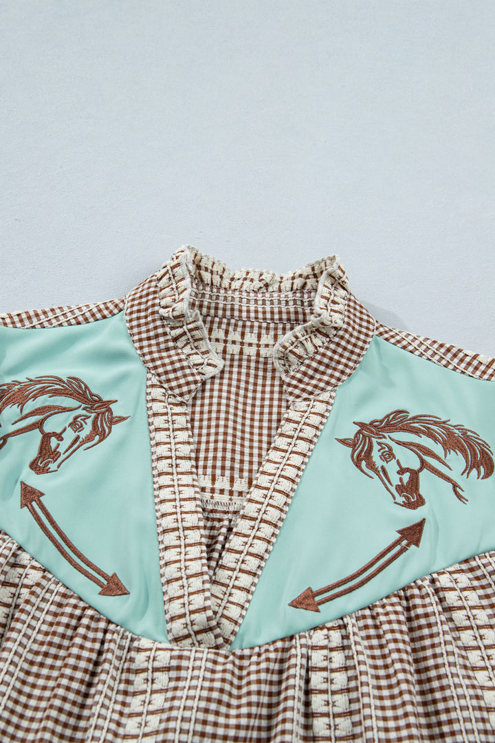 Brown Western Pony Embroidered Yoke Puff Sleeve Gingham Blouse
