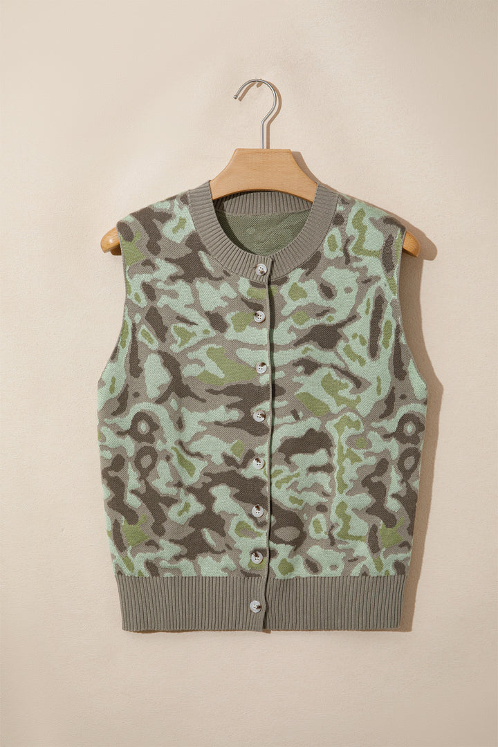 Green Camo Print Button Front Loose Sweater Vest