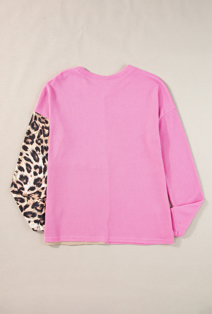 Bonbon Leopard Colorblock Waffle Knit Top