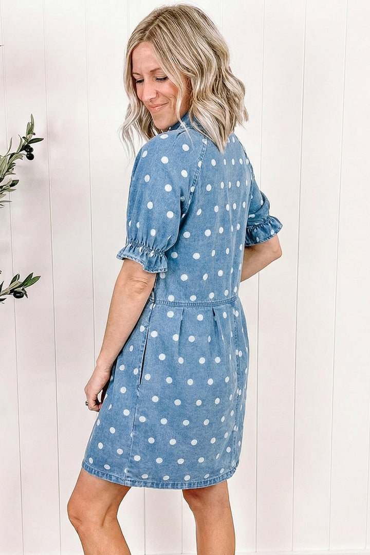 Sky Blue Polka Dot Print Ruffled Short Puff Sleeve Button Down Loose Denim Dress