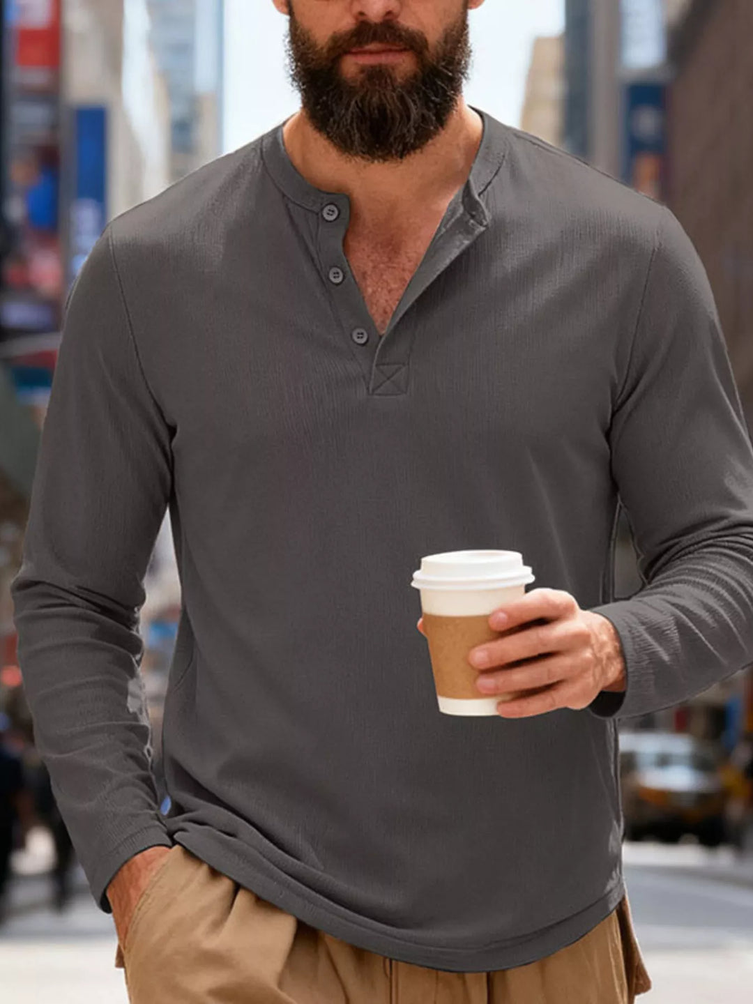 Men's Full Size Casual Long Sleeve Henley T-Shirt Plus Size