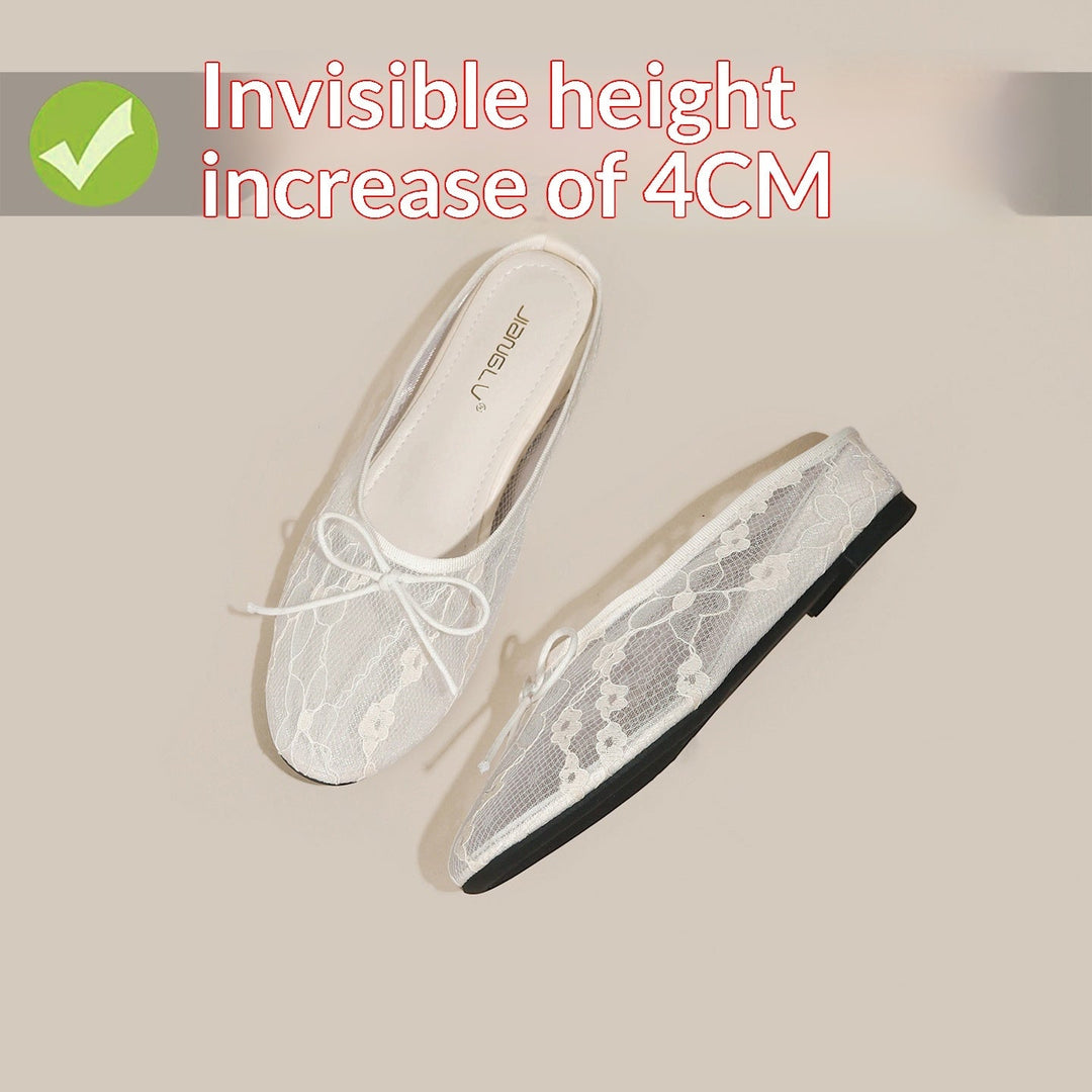 4cm Hidden-Heel Bow-Knot Lace Fishnet Breathable Hollowed-Out Closed-Toe Half Slippers