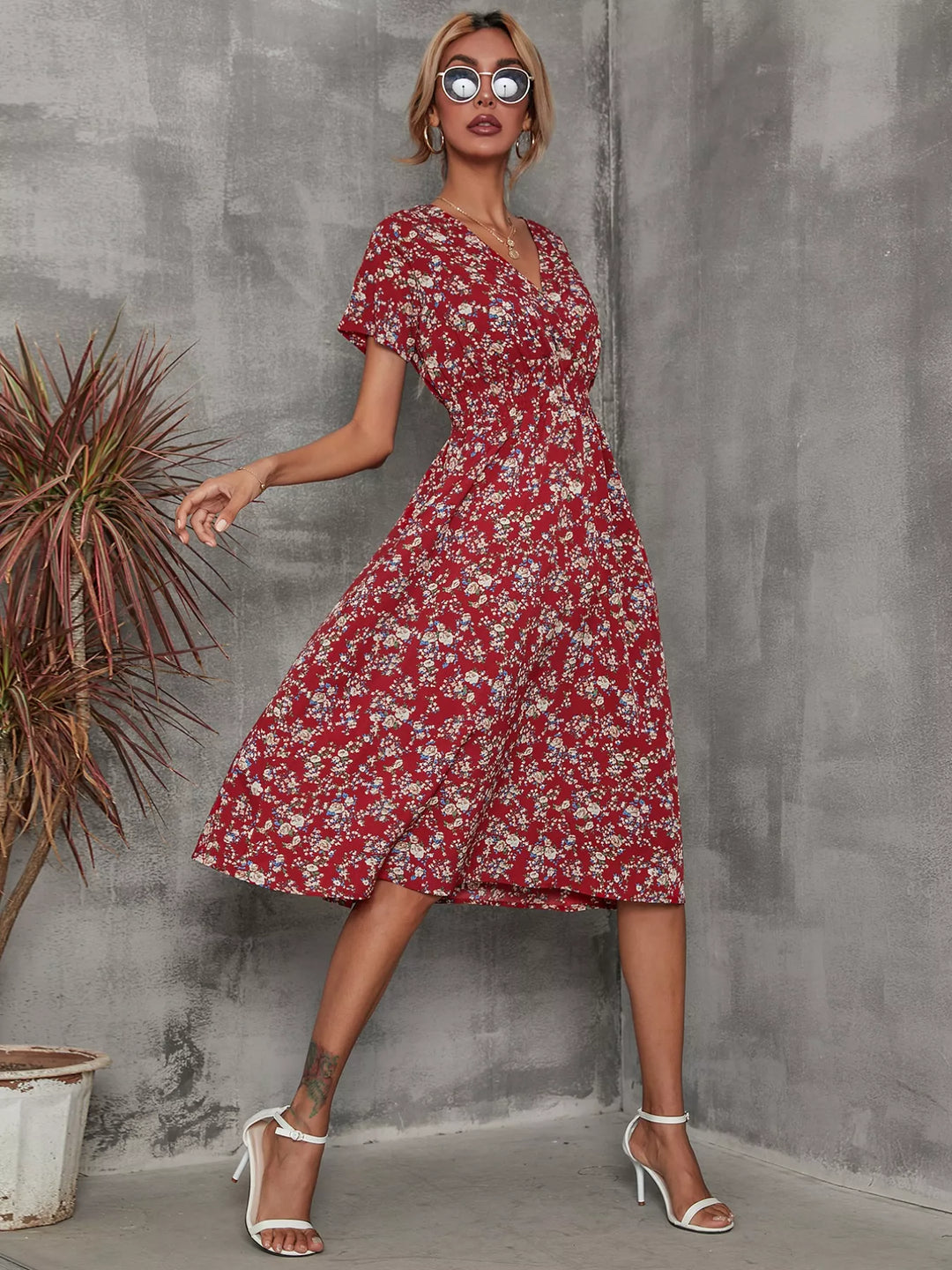 Printed Short Sleeve Midi Dress