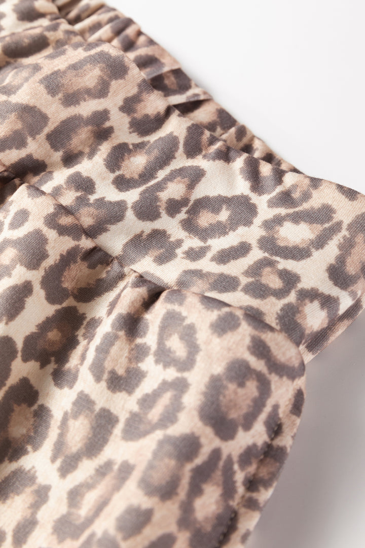 Light French Beige Leopard Print V Neck Pullover Mini Skirt 2pcs Set