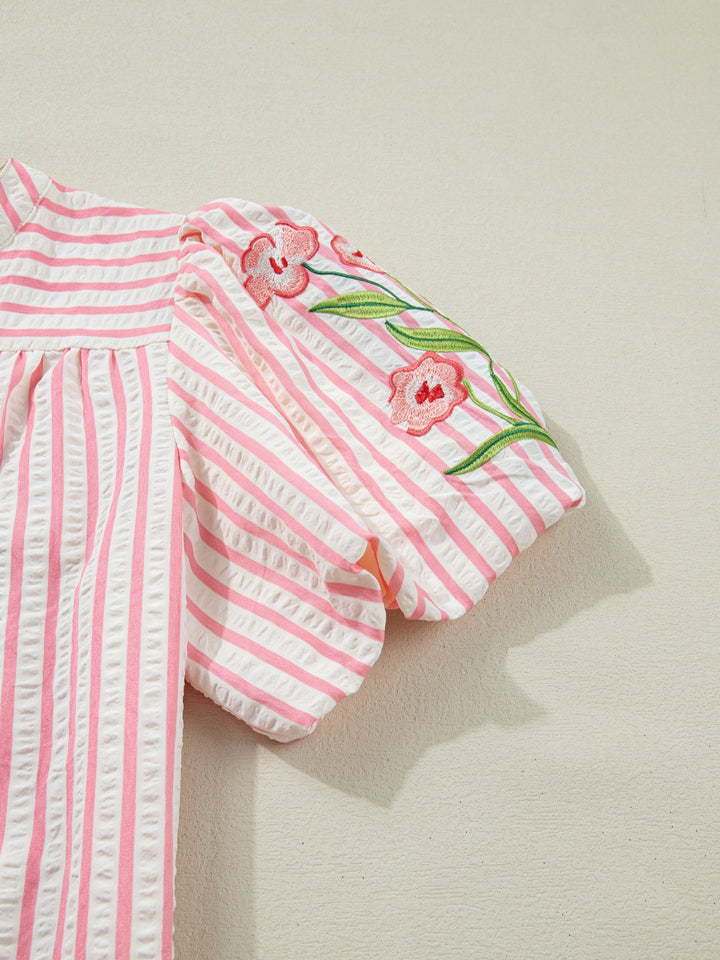 Stripe Print Floral Embroidered Puff Sleeve V Neck Blouse