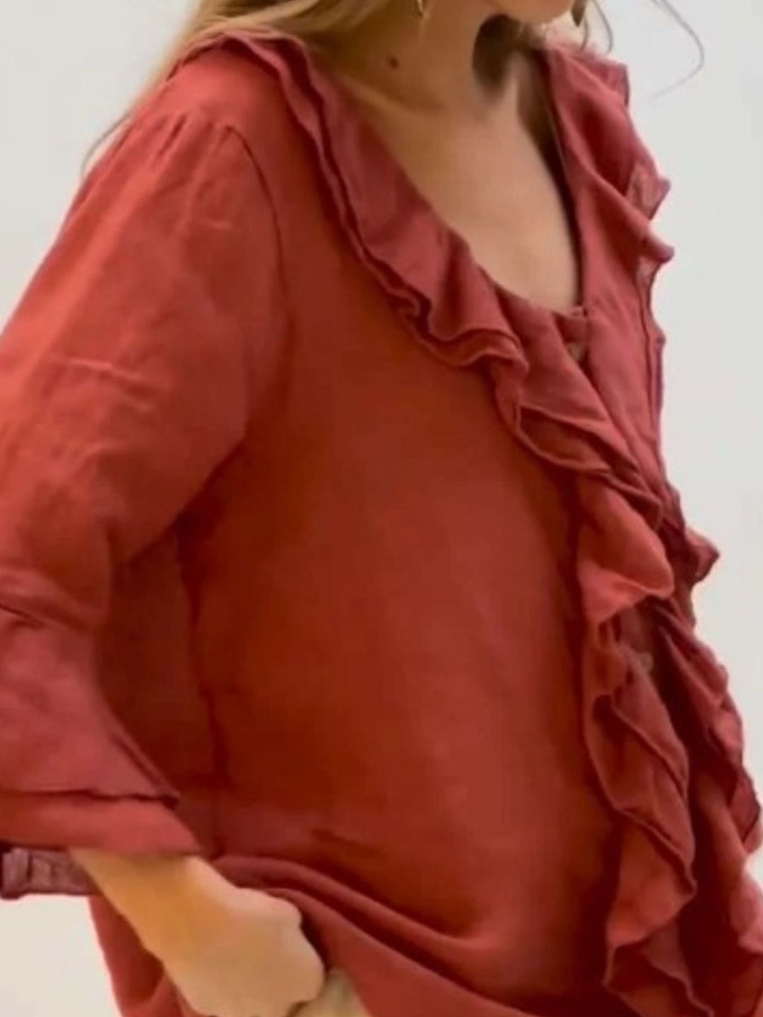 Full Size Ruffle Trim 3/4 Sleeve Blouse Plus Size
