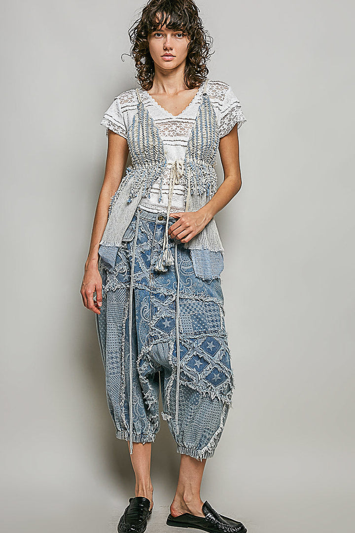 POL Subtle Stripe Pattern Cross-Back String Top with Center Tie Detail