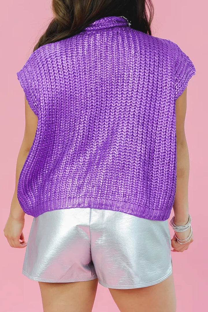 Wisteria Solid Color Knit High Neck Short Sleeve Sweater
