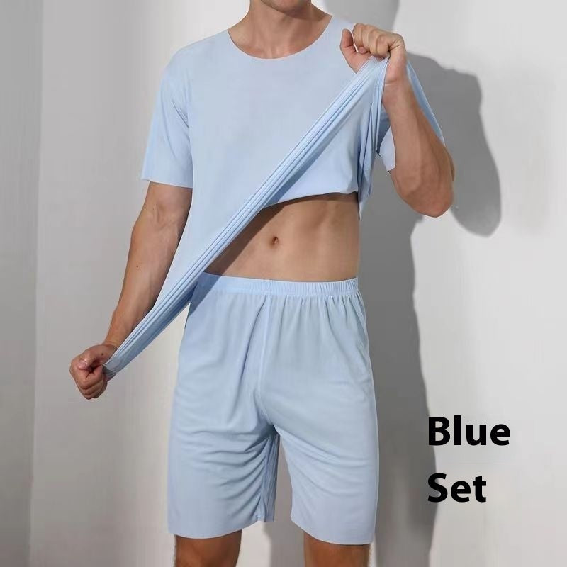 Advanced Ice Silk Round Neck Solid Color Short Sleeve Shorts Suit