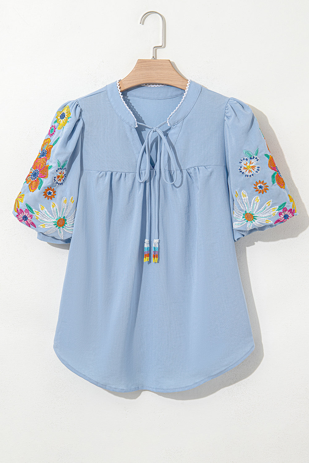 Beau Blue 花卉刺繡泡泡袖開衩襯衫