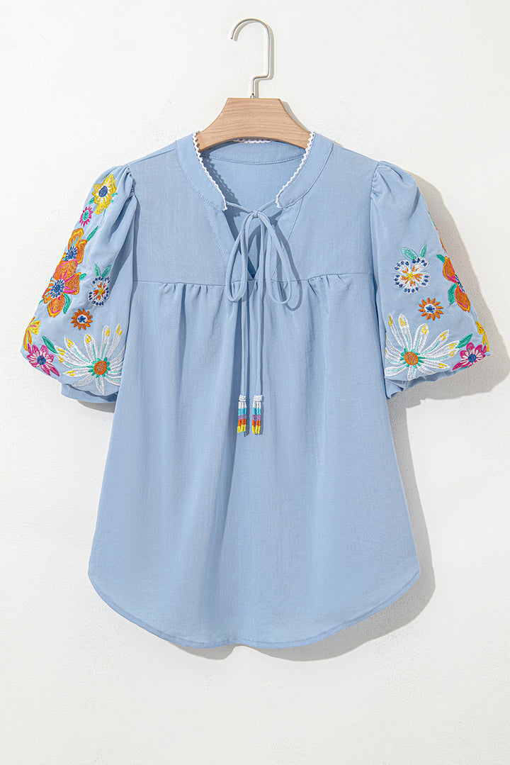 Beau Blue 花卉刺繡泡泡袖開衩襯衫