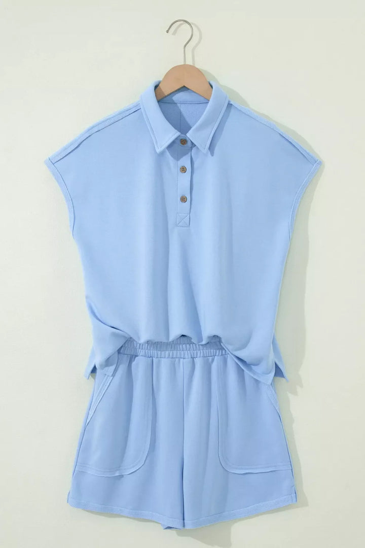 Casual Polo Collar Sleeveless Top and Shorts Set