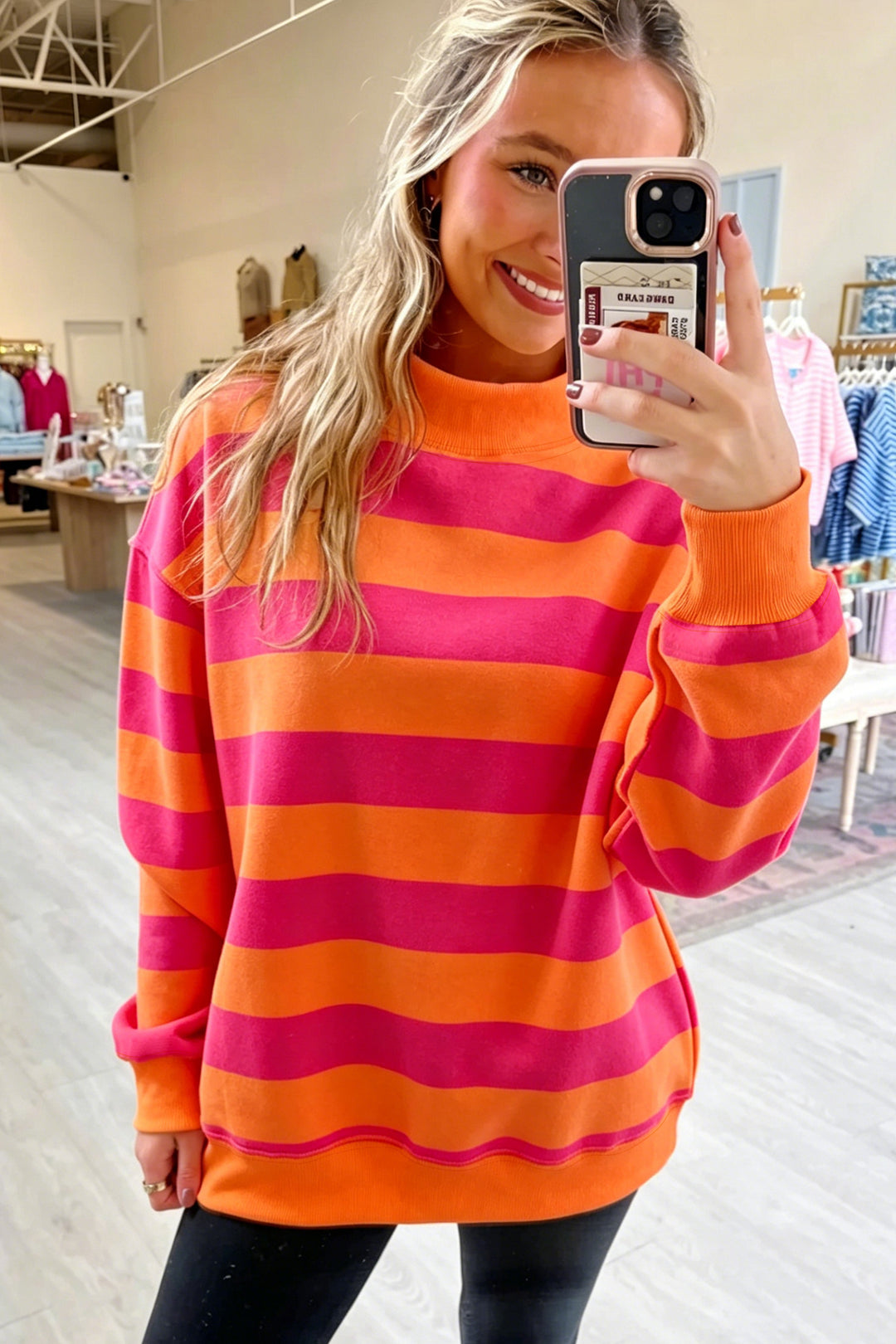 Blue Stripe Colorblock Mock Neck Relaxed Sweatshirt