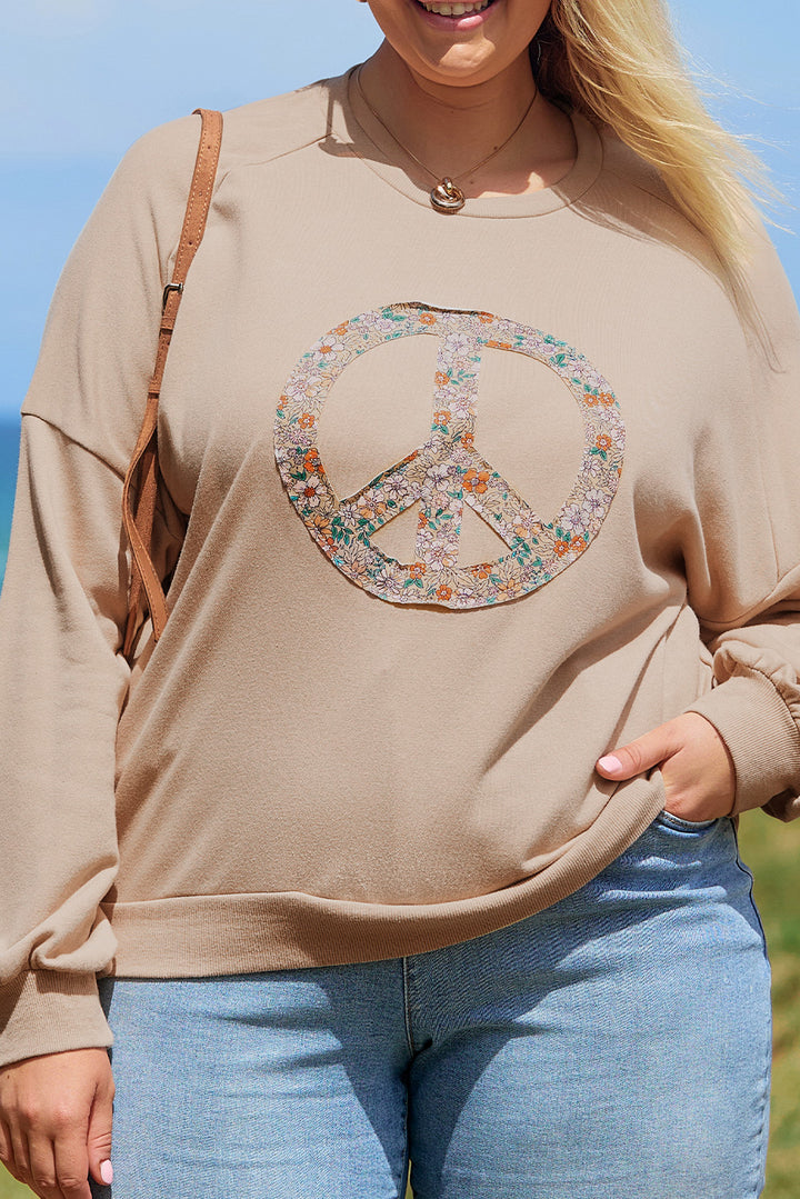 Sweat-shirt grande taille en tissu éponge délavé kaki pâle à motif floral et signe de paix