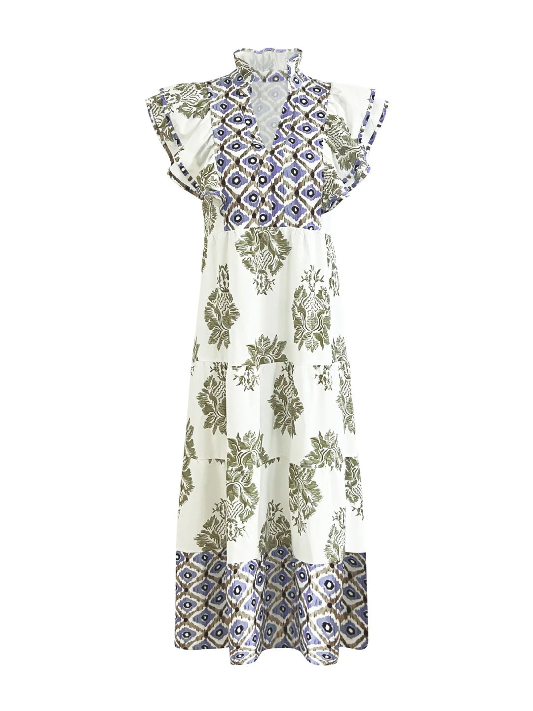 Printed Notched Ruffled Cap Sleeve Dress