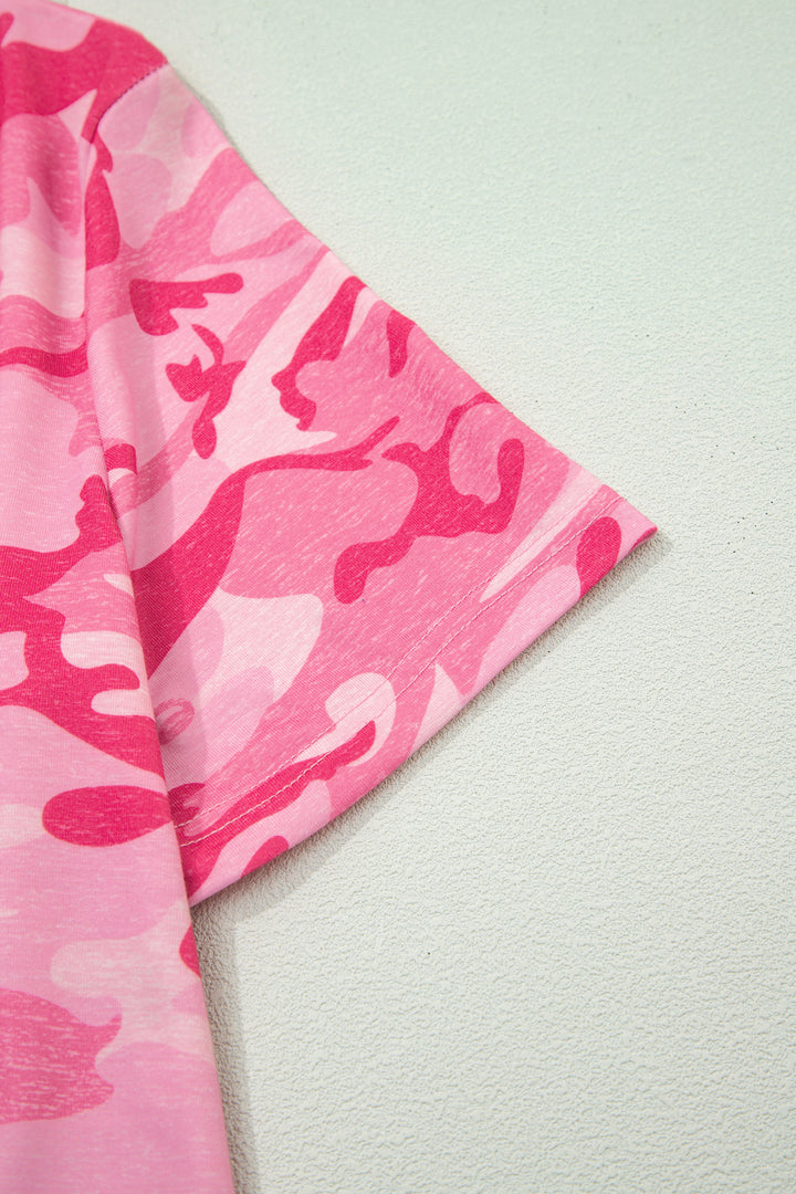 Pink Camouflage Print Crew Neck T Shirt