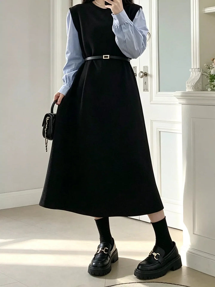 Contrast Sleeve A-Line Dress with Belt