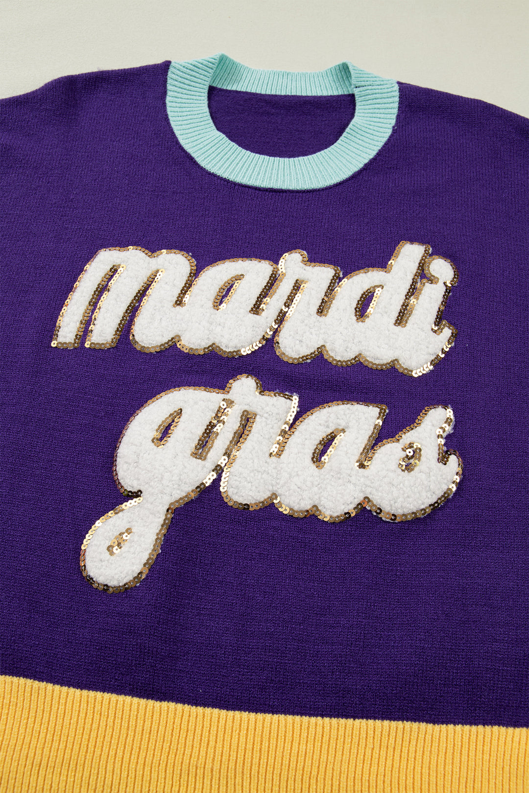 Tillandsia Purple Colorblock Patchwork Fuzzy Mardi Gras Graphic Sweater