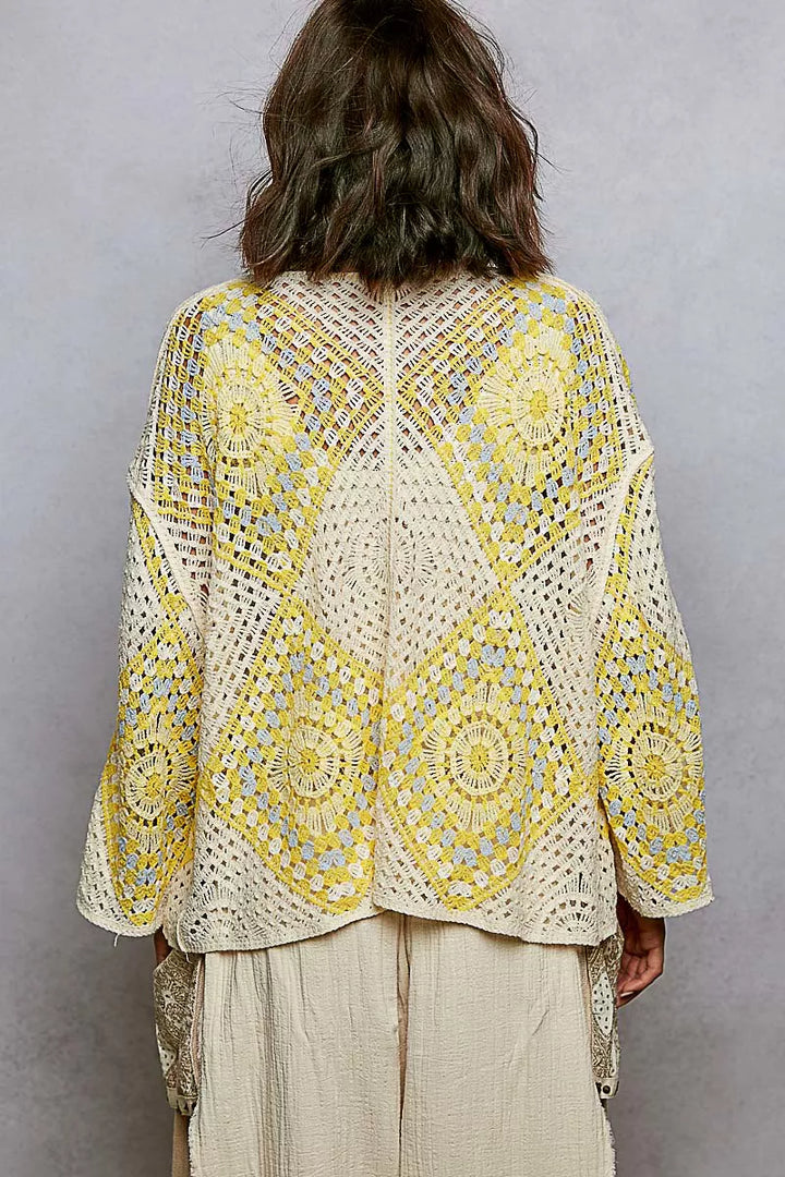 POL Open Front Crochet Cardigan with Granny Square Pattern