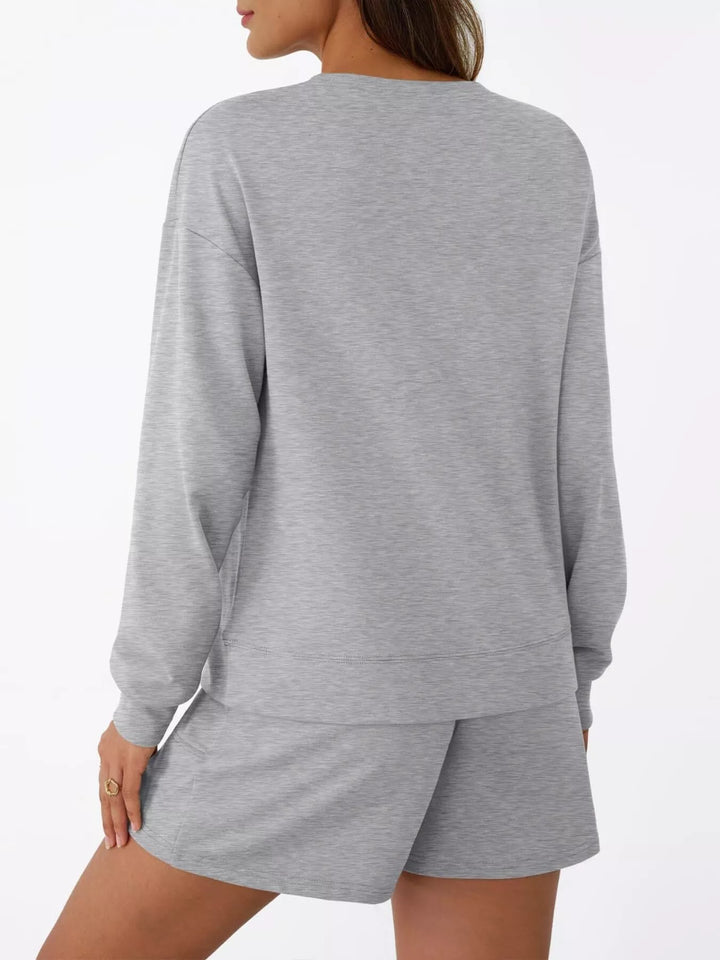 Round Neck Long Sleeve Top and Shorts Set