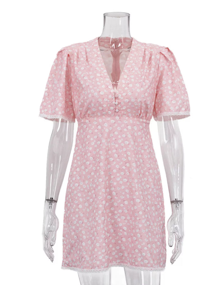 V-Neck Puff Sleeve Mini Dress with Lace Trim