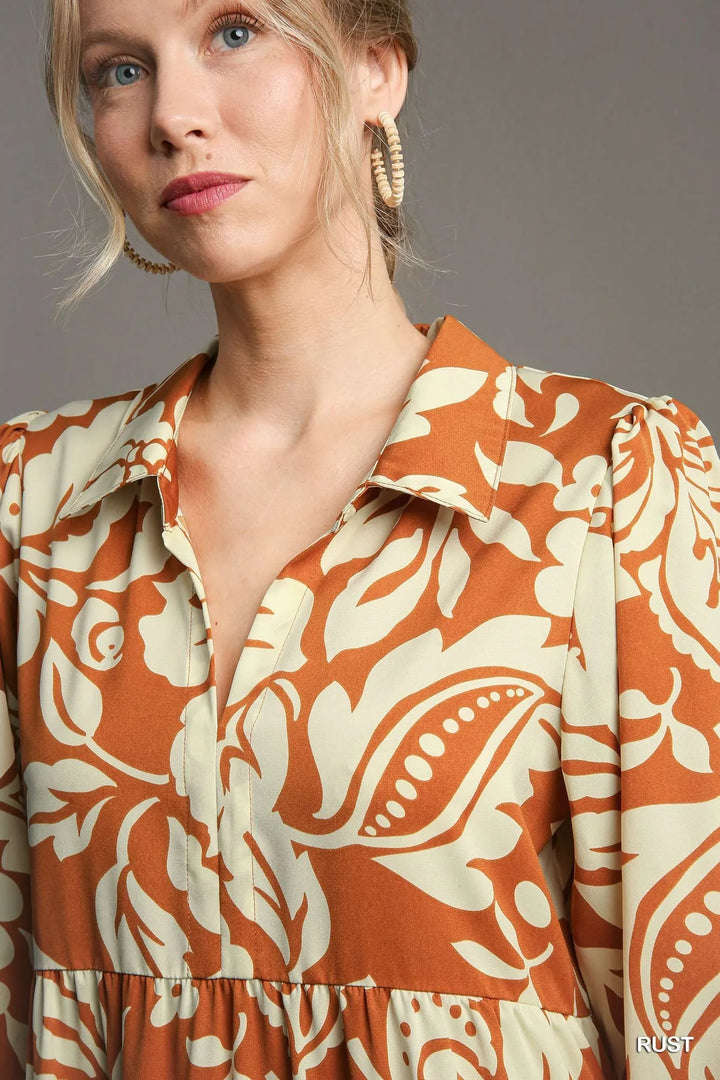 Umgee Full Size Floral Tiered Midi Shirt Dress Plus Size