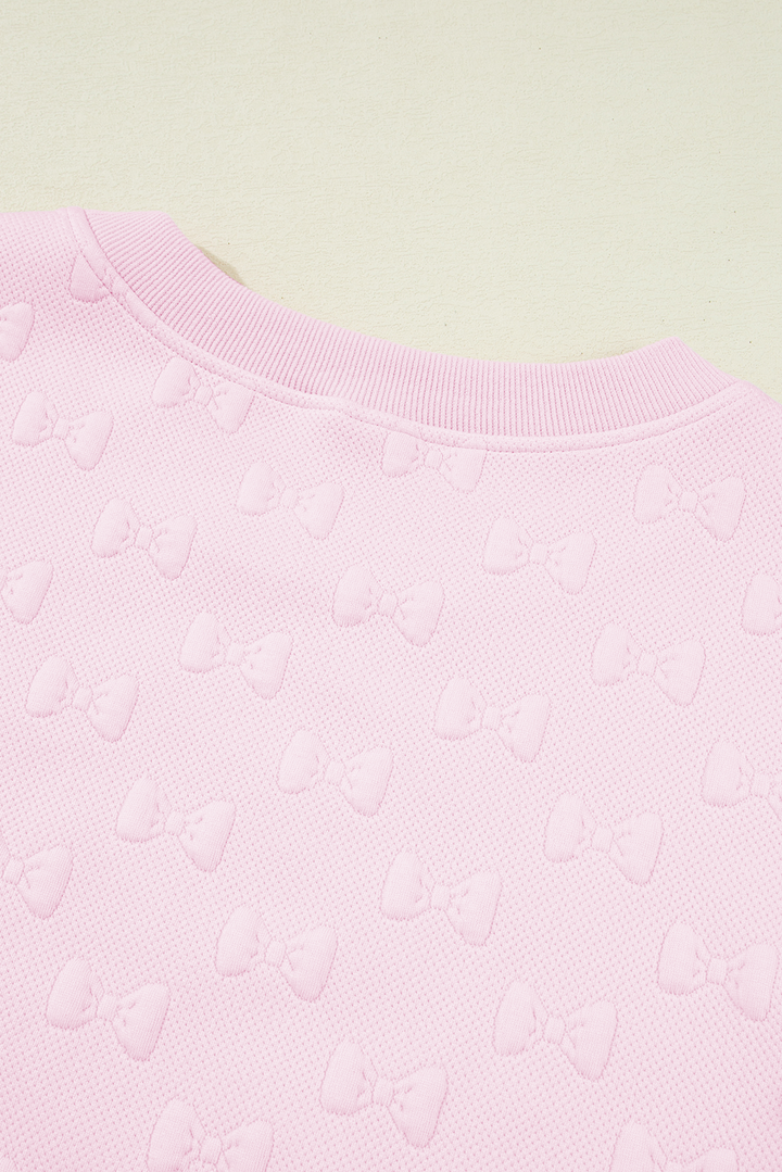 Pink Bow Jacquard Ruffle Sleeve Short 2pcs Outfit