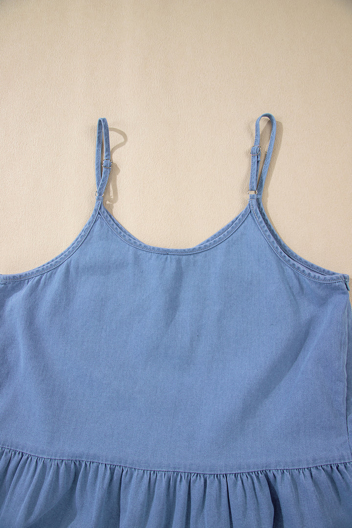 Sky Blue Casual Ruffled Spaghetti Straps Denim Tank Top