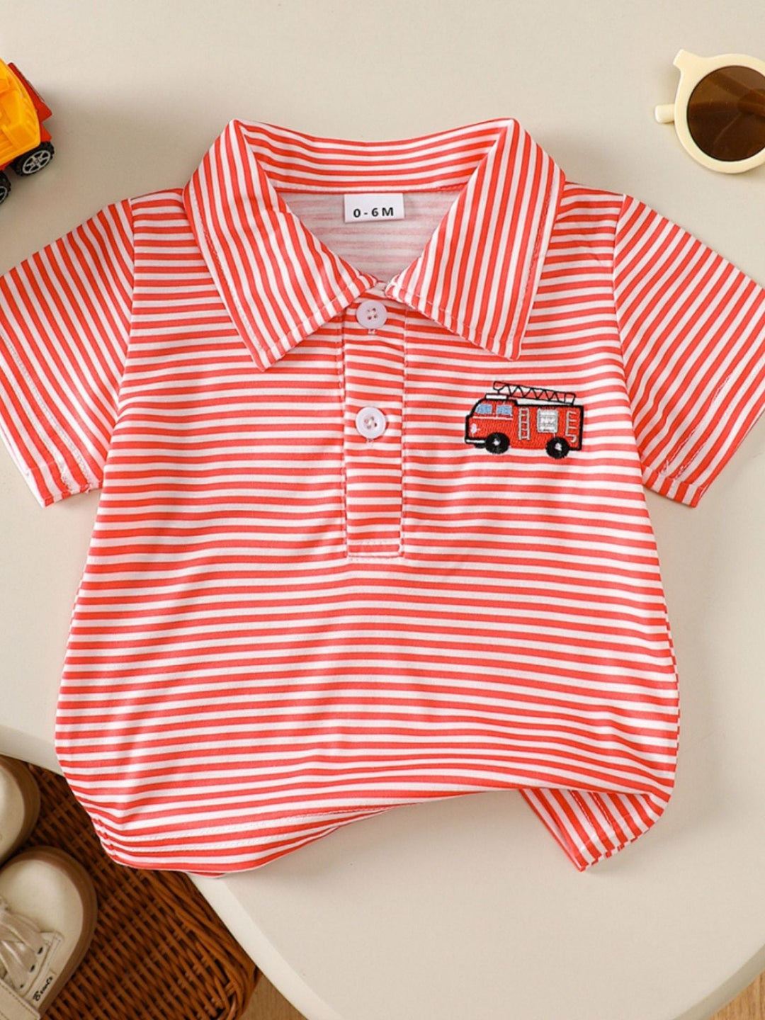 Children's Striped Firetruck Embroidered T-Shirt