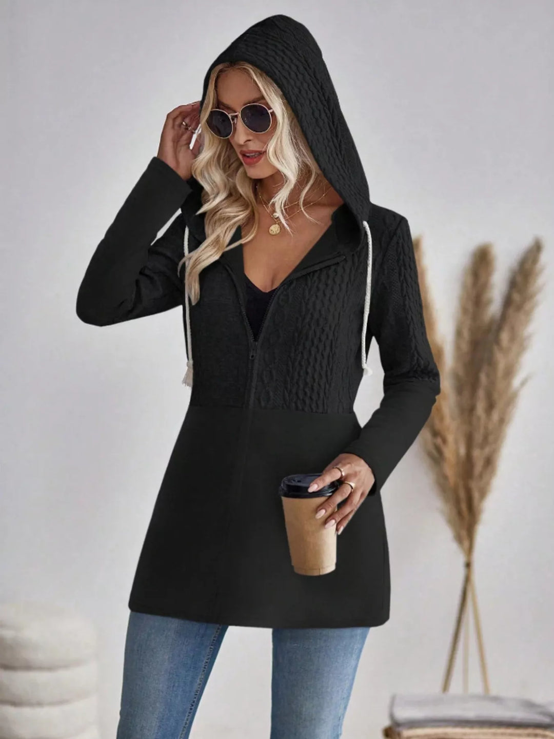 Drawstring Textured Zip Up Drawstring Hooded Jacket