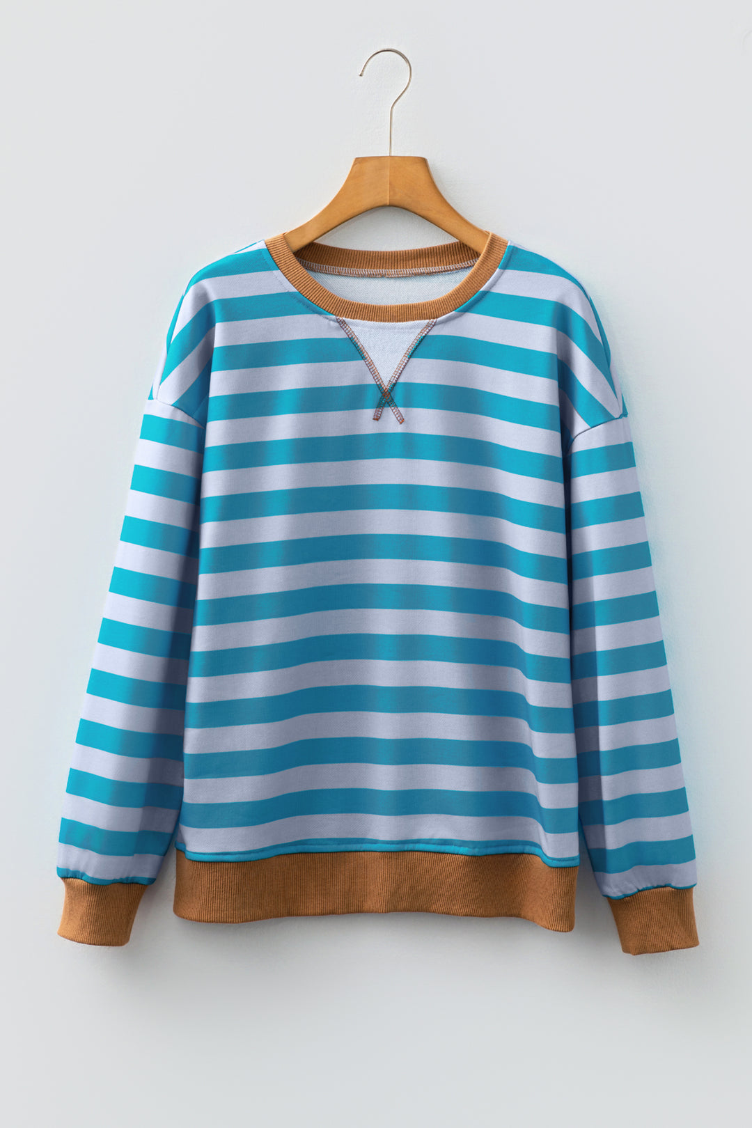 Sky Blue Stripe Contrast Color Ribbed Trim Round Neck Drop Shoulder Sweatshirt