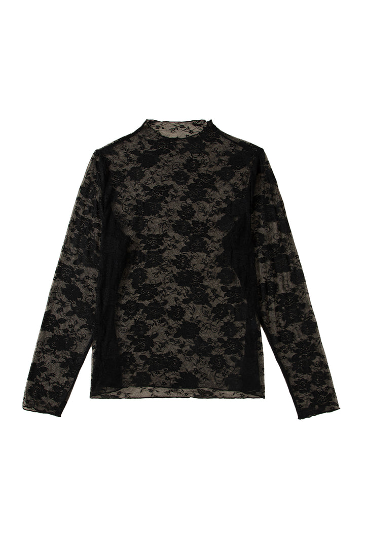 Black Plus Size Floral Mesh Long Sleeve Top